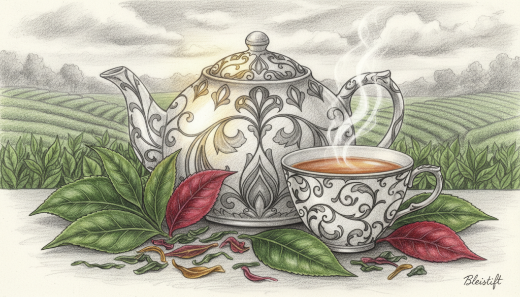 A beautifully arranged composition featuring an elegant teapot with intricate designs, surrounded by an assortment of premium loose-leaf teas. In the foreground, delicate tea leaves display their rich colors and textures, while the middle ground features a stylish, intricately patterned teacup, filled with steaming tea, releasing wisps of aromatic steam. The background is softly blurred, showcasing lush tea plantations with rolling green hills under a bright, serene sky. The image should be rendered in black and white pencil style, with selective colorful accents depicting the tea leaves and the teapot's patterns, creating a sophisticated atmosphere. The lighting should be warm and inviting, highlighting the textures of the leaves and the smooth ceramic of the teacup. The overall mood is luxurious and calm, perfect for portraying the essence of expensive teas. A beautifully arranged composition featuring an elegant teapot with intricate designs, surrounded by an assortment of premium loose-leaf teas. In the foreground, delicate tea leaves display their rich colors and textures, while the middle ground features a stylish, intricately patterned teacup, filled with steaming tea, releasing wisps of aromatic steam. The background is softly blurred, showcasing lush tea plantations with rolling green hills under a bright, serene sky. The image should be rendered in black and white pencil style, with selective colorful accents depicting the tea leaves and the teapot's patterns, creating a sophisticated atmosphere. The lighting should be warm and inviting, highlighting the textures of the leaves and the smooth ceramic of the teacup. The overall mood is luxurious and calm, perfect for portraying the essence of expensive teas.