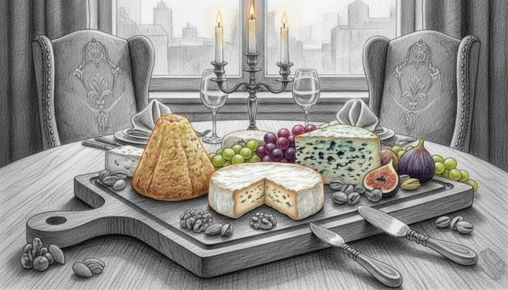 A beautifully arranged display of the world's most expensive cheeses, featuring Pule cheese, Truffle Brie, and rare varieties. In the foreground, showcase a lavish cheese board adorned with elegant wooden accents, glistening with a variety of textures and colors. The middle ground highlights artisanal cheese knives and an assortment of fresh fruits and nuts. Behind the cheese board, a tastefully decorated dining table captures an intimate setting, illuminated by warm, soft lighting that creates a cozy atmosphere. The composition is in pencil black and white with selective color accents on the cheeses, emphasizing their unique features. Capture this scene from a slightly elevated angle to provide depth and focus on the lavish details. The mood is sophisticated and inviting, perfect for a gourmet experience.