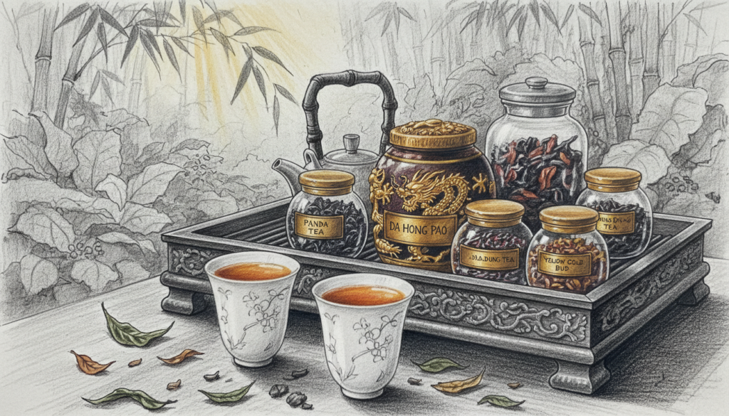 A beautifully arranged table showcasing the world's most expensive teas, focusing on Da Hong Pao and other rare varieties. In the foreground, there are delicate porcelain tea cups, elegantly filled with rich amber tea, surrounded by scattered loose tea leaves. The middle ground features an intricate wooden tea tray displaying neatly labeled jars of the rarest teas, some adorned with gold accents. The background is an atmospheric tea garden with lush green plants and soft, diffused sunlight filtering through, creating a serene and inviting mood. The entire scene is rendered in black and white pencil style, with selective color accents highlighting the teas and their containers, enhancing the luxurious feel of the composition. A beautifully arranged table showcasing the world's most expensive teas, focusing on Da Hong Pao and other rare varieties. In the foreground, there are delicate porcelain tea cups, elegantly filled with rich amber tea, surrounded by scattered loose tea leaves. The middle ground features an intricate wooden tea tray displaying neatly labeled jars of the rarest teas, some adorned with gold accents. The background is an atmospheric tea garden with lush green plants and soft, diffused sunlight filtering through, creating a serene and inviting mood. The entire scene is rendered in black and white pencil style, with selective color accents highlighting the teas and their containers, enhancing the luxurious feel of the composition.