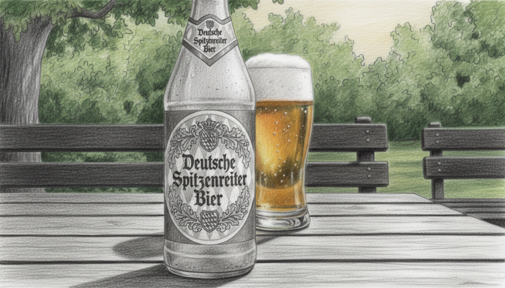 A beautifully crafted bottle of Deutsche Spitzenreiter Bier, centrally positioned in the foreground, showcasing its intricate label design featuring elegant typography and traditional German motifs. The bottle rests on a rustic wooden table, slightly frosted to suggest freshness. Behind the bottle, a blurred beer glass filled with golden liquid catches the light, revealing fine bubbles and a creamy head. The background fades into a soft focus, hinting at an atmospheric German beer garden with lush green foliage and wooden benches, creating a tranquil and upscale ambiance. The scene has a monochromatic pencil drawing style, with selective colored accents highlighting the beer’s golden hue and the vibrant greenery. Soft, warm lighting casts gentle shadows, evoking a rich and inviting mood.