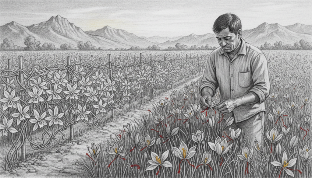 A beautifully detailed pencil drawing in black and white, showcasing the intricate process of harvesting luxurious spices like saffron and vanilla. In the foreground, a skilled farmer, dressed in modest casual clothing, gently picks delicate saffron flowers, their vivid purple petals contrasting against the monochrome background. The middle ground features lush fields, filled with rows of spice plants basking under the soft, warm light of a golden hour sunset, casting gentle shadows. In the background, distant mountains add depth to the scene, their outlines softly blurred. Small, vibrant accents of color highlight the spices, emphasizing their richness and value. The atmosphere is serene and focused, capturing the dedication involved in growing and harvesting these rare, treasured spices.