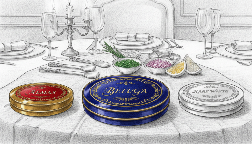 A beautifully illustrated ranking of the world's most expensive caviar types, featuring Beluga, Almas, and rare white varieties. In the foreground, display elegantly arranged caviar tins, each distinct in style and labeling, with glossy textures highlighting the luxury. The middle ground should include sophisticated artisanal serving utensils and a lavish spread of garnishes, such as finely chopped onions and lemon wedges, presented with care. The background showcases a tastefully decorated dining table with soft, diffused lighting that creates an elegant ambiance. Use pencil sketches in black and white, enhanced with selective, rich color accents on the caviar tins to draw attention. The atmosphere feels refined and luxurious, inviting readers into the world of high-end delicacies without any text or distractions. A beautifully illustrated ranking of the world's most expensive caviar types, featuring Beluga, Almas, and rare white varieties. In the foreground, display elegantly arranged caviar tins, each distinct in style and labeling, with glossy textures highlighting the luxury. The middle ground should include sophisticated artisanal serving utensils and a lavish spread of garnishes, such as finely chopped onions and lemon wedges, presented with care. The background showcases a tastefully decorated dining table with soft, diffused lighting that creates an elegant ambiance. Use pencil sketches in black and white, enhanced with selective, rich color accents on the caviar tins to draw attention. The atmosphere feels refined and luxurious, inviting readers into the world of high-end delicacies without any text or distractions.