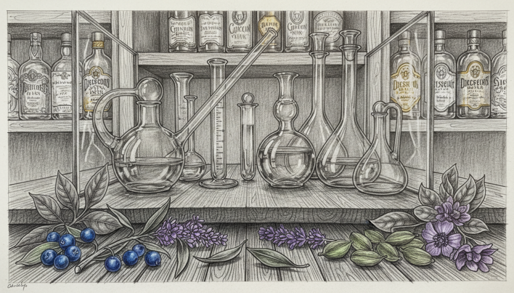 A collection of rare botanicals for luxury gin, beautifully arranged in an elegant glass display. In the foreground, intricate details of exotic herbs, flowers, and spices like juniper berries, lavender, and cardamom, with vibrant colors highlighted against a monochrome pencil sketch. The middle features specialized glassware, elegantly curving and reflecting light, set on a richly textured wooden table. In the background, soft focus on shelves filled with artisanal gin bottles adorned with sophisticated labels, bathed in warm ambient lighting, creating an inviting and luxurious atmosphere. The overall mood is refined and upscale, emphasizing the exclusivity of high-end gin production, with selective color accents on the botanicals to draw attention to their unique qualities. A collection of rare botanicals for luxury gin, beautifully arranged in an elegant glass display. In the foreground, intricate details of exotic herbs, flowers, and spices like juniper berries, lavender, and cardamom, with vibrant colors highlighted against a monochrome pencil sketch. The middle features specialized glassware, elegantly curving and reflecting light, set on a richly textured wooden table. In the background, soft focus on shelves filled with artisanal gin bottles adorned with sophisticated labels, bathed in warm ambient lighting, creating an inviting and luxurious atmosphere. The overall mood is refined and upscale, emphasizing the exclusivity of high-end gin production, with selective color accents on the botanicals to draw attention to their unique qualities.
