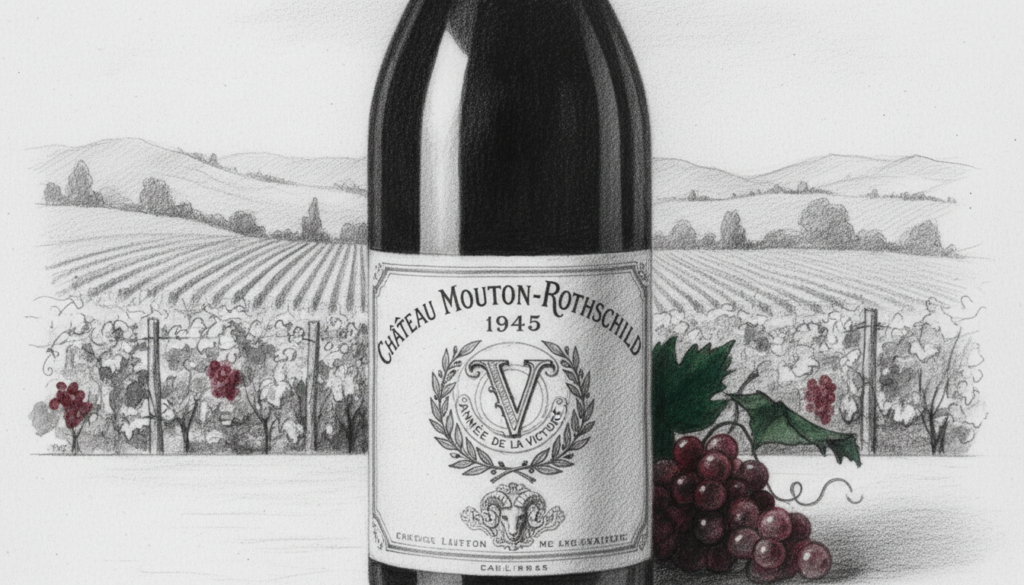 A detailed black and white drawing of the Château Mouton-Rothschild 1945 wine label, showcasing its iconic design and the bold letter "V," symbolizing victory. The foreground features the intricate artwork of the label, highlighting the elegant script and fine details. In the middle ground, depict a classic wine bottle, partially wrapped in soft lighting to accentuate its curves and reflections. The background can include a softly blurred vineyard landscape, hinting at the wine's origin, with subtle color accents such as deep reds or greens enhancing the overall composition. Aim for a refined and sophisticated mood, capturing the luxury and rarity of this exquisite wine.