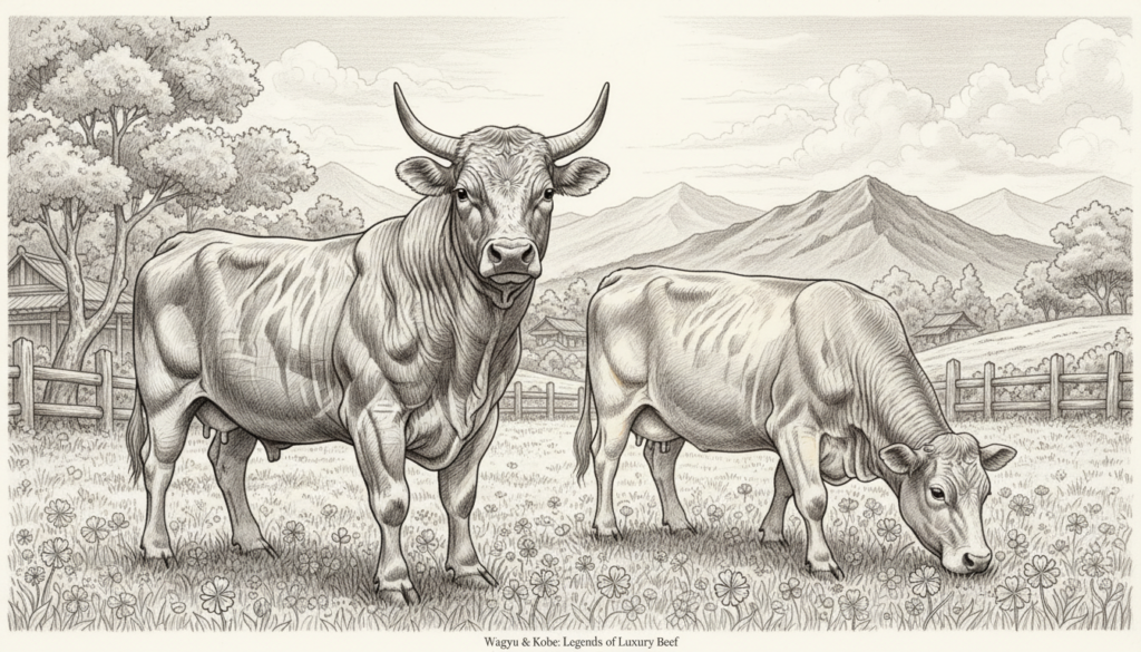 A detailed black and white illustration contrasting Wagyu and Kobe cattle in a serene farm setting. In the foreground, a majestic Wagyu bull stands proudly, showcasing its distinctive marbled coat with subtle color highlights. Beside it, a graceful Kobe cow grazes peacefully, accentuated by gentle hues that highlight its unique features. The middle ground features lush greenery and classic wooden fences, evoking a sense of authenticity. In the background, the silhouette of distant mountains and a soft, cloudy sky create a tranquil atmosphere, enhanced by diffused lighting that brings out the texture of the animals' coats. The composition captures the essence of luxury and tradition in high-end beef, embodying the legend surrounding these prized breeds.