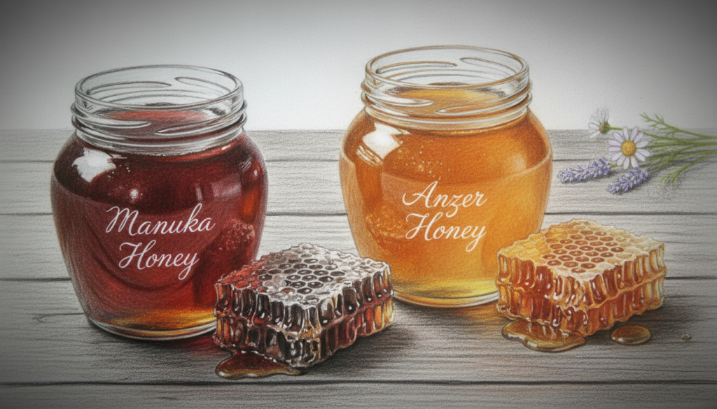 A detailed comparison of Manuka and Anzer honey in a serene setting. In the foreground, place two elegantly designed glass jars, one filled with dark, rich Manuka honey and the other with the golden-orange hue of Anzer honey, both glistening softly. The middle ground features honeycomb pieces artistically arranged next to each jar, highlighting the texture and natural origin of the honey. In the background, softly blurred elements like a wooden table and delicate flowers create a warm, inviting atmosphere. Use soft, natural lighting to accentuate the honey’s glossiness, with a slight vignette effect to add depth. The composition should be in pencil sketch style with selective color accents on the honey, creating an artistic and sophisticated mood. A detailed comparison of Manuka and Anzer honey in a serene setting. In the foreground, place two elegantly designed glass jars, one filled with dark, rich Manuka honey and the other with the golden-orange hue of Anzer honey, both glistening softly. The middle ground features honeycomb pieces artistically arranged next to each jar, highlighting the texture and natural origin of the honey. In the background, softly blurred elements like a wooden table and delicate flowers create a warm, inviting atmosphere. Use soft, natural lighting to accentuate the honey’s glossiness, with a slight vignette effect to add depth. The composition should be in pencil sketch style with selective color accents on the honey, creating an artistic and sophisticated mood.