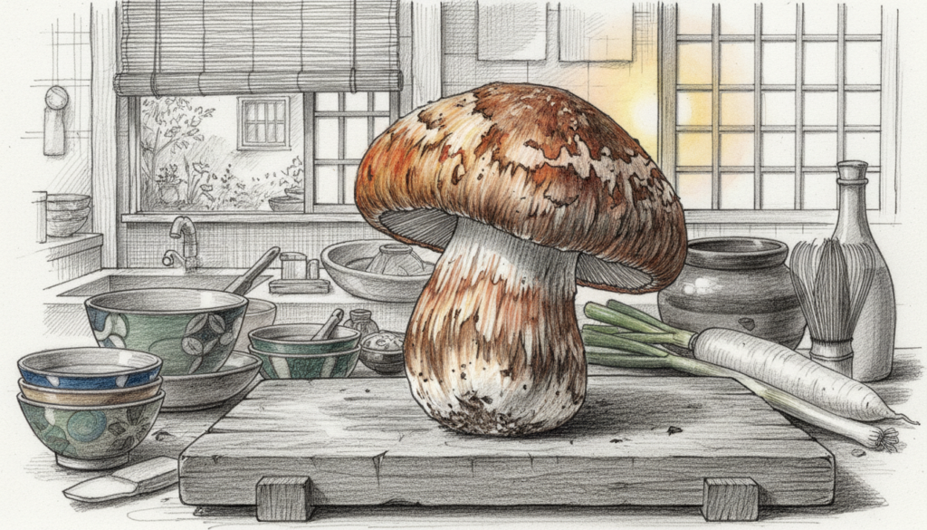 A detailed depiction of a Matsutake mushroom, elegantly presented in a traditional Japanese kitchen setting. In the foreground, the Matsutake mushroom is showcased on a simple wooden chopping board, highlighting its unique shape and texture, with fine details of its gills and earthy tones contrasting against the board's surface. The middle layer features an array of traditional Japanese cooking utensils and ingredients, like fresh vegetables and elegant ceramic bowls, emphasizing the culinary context. In the background, a softly lit kitchen atmosphere with subtle shadows creates a warm, inviting mood, with hints of bamboo and rice paper elements that reflect Japanese aesthetics. The entire image is rendered in black and white pencil style with selective color accents to enhance the Matsutake and key ingredients, creating a striking visual balance.