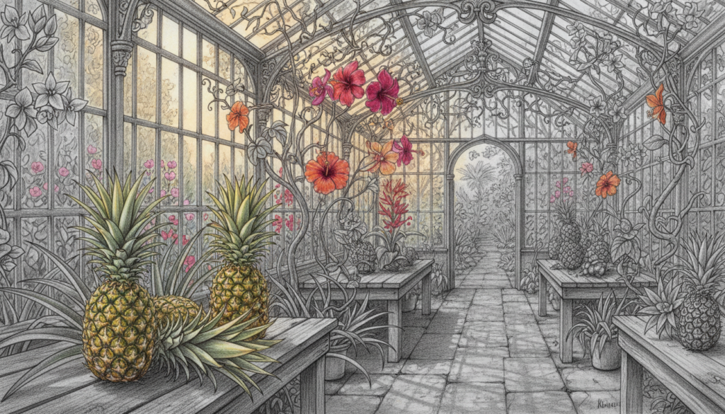 A detailed depiction of a Victorian greenhouse within the Lost Gardens of Heligan, showcasing lush, tropical plants and vibrant pineapples. In the foreground, a cluster of ripe pineapples rests on aged wooden tables, displaying their textured skin and green spiky leaves. The middle ground features the greenhouse's ornate, wrought-iron structure adorned with climbing vines and colorful flowers, casting intricate shadows on the ground. In the background, hints of the sprawling gardens are visible, with delicate blossoms and rich greenery framing the scene. The atmosphere is warm and inviting, illuminated by soft, golden sunlight filtering through the glass panes, creating a dreamy, exotic mood. The artwork is in pencil, black and white, complemented by selective bursts of color on the fruits and flowers.
