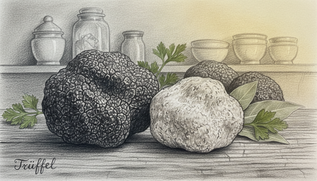 A detailed illustration showcasing a variety of black and white truffle species, emphasizing their unique textures and shapes. In the foreground, include distinct truffles, both the dark, earthy black truffle and the lighter, speckled white truffle, placed on a rustic wooden surface that brings out their natural colors. The middle ground features delicate leaves or herbs that complement the truffles, adding a touch of organic beauty. In the background, soft-focus hints of an elegant kitchen environment with warm, diffused lighting create a cozy atmosphere. Utilize a macro lens perspective to capture intricate details of the truffles, highlighting their luxurious appeal, while also incorporating subtle color accents—perhaps a hint of green from the leaves. The mood should convey sophistication and the rarity of these edible treasures.