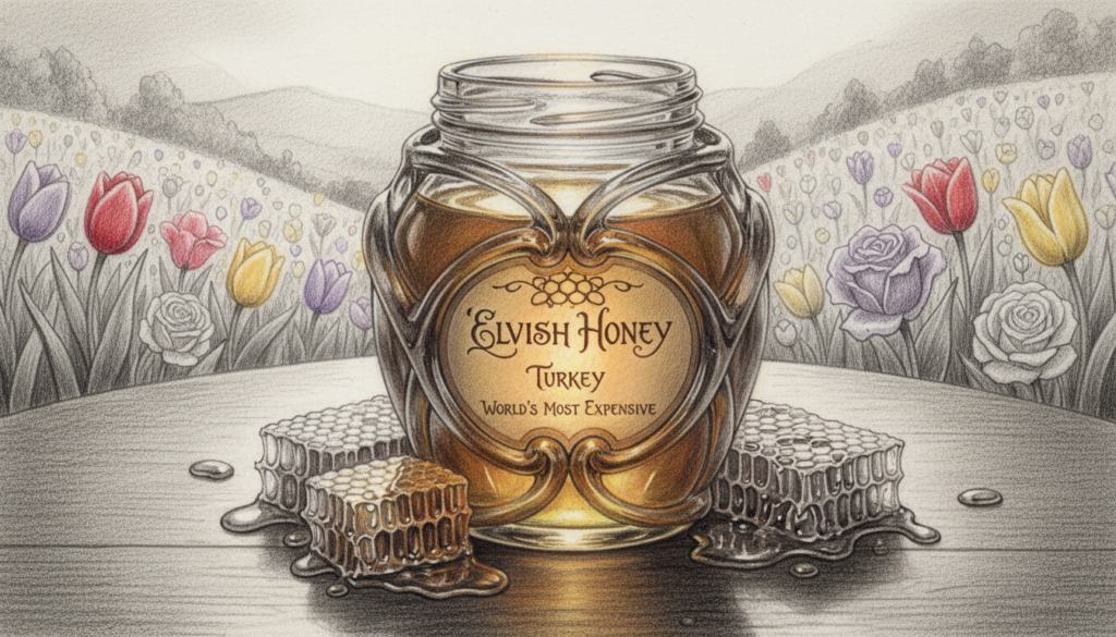 A detailed image showcasing the exquisite Elvish Honey, known as the world's most expensive honey, from Turkey. In the foreground, a beautifully ornate jar of honey sits atop a polished wooden table, with a golden glow emanating from inside. The middle ground features honeycomb pieces scattered around, glistening with a rich amber hue. In the background, a soft-focus view of Turkish landscapes, with rolling hills and blossoming flowers, hints at the natural origins of the honey. The entire scene is rendered in black and white pencil sketch, accented with vibrant, subtle colors on the honey and flowers, creating a striking visual contrast. The lighting is warm and inviting, conveying a sense of luxury and investment. A detailed image showcasing the exquisite Elvish Honey, known as the world's most expensive honey, from Turkey. In the foreground, a beautifully ornate jar of honey sits atop a polished wooden table, with a golden glow emanating from inside. The middle ground features honeycomb pieces scattered around, glistening with a rich amber hue. In the background, a soft-focus view of Turkish landscapes, with rolling hills and blossoming flowers, hints at the natural origins of the honey. The entire scene is rendered in black and white pencil sketch, accented with vibrant, subtle colors on the honey and flowers, creating a striking visual contrast. The lighting is warm and inviting, conveying a sense of luxury and investment.