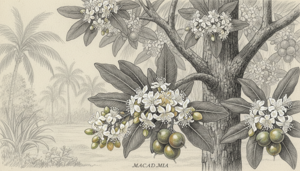 A detailed pencil drawing of a macadamia tree in full bloom, focusing on its vibrant white flowers and clusters of green fruits, some beginning to ripen. In the foreground, delicate blossoms are illustrated with intricate petal details, while the middle ground showcases the tree’s thick, textured bark and glossy leaves. The background features a soft, blurred landscape hinting at a tropical setting with hints of other greenery to create depth. The entire drawing is in black and white, with selective color accents on the flowers and fruits to highlight their beauty. The lighting is soft and natural, giving an inviting atmosphere that conveys the botanical richness and culinary allure of the macadamia nut.