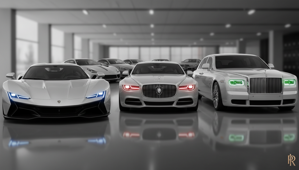 A high-contrast black and white illustration showcasing the top 10 most expensive cars in the world for 2024. In the foreground, feature three luxurious cars—sleek lines, distinctive grilles, and opulent designs. Use minimal color accents on specific details like headlights or emblems to enhance their allure. In the middle ground, display a blurred lineup of other elite vehicles, hinting at their unique shapes and styles. The background should reflect an elegant showroom setting with soft lighting, creating a sophisticated atmosphere. Capture the essence of exclusivity and prestige with a low-angle perspective to emphasize the grandeur of these automotive masterpieces, ensuring the overall image communicates luxury and elegance without any text or branding.