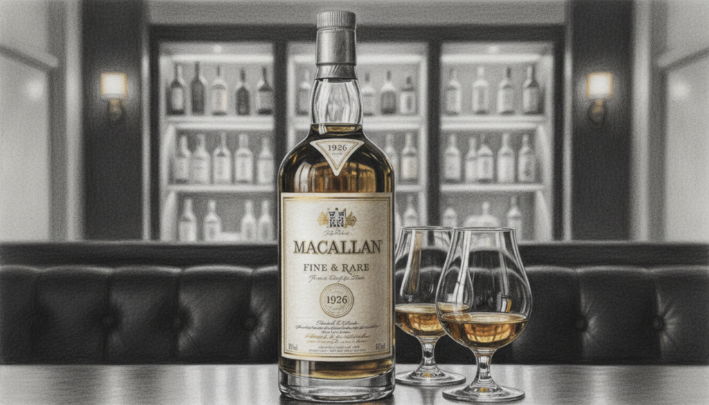 A highly detailed black and white illustration of a Macallan 1926 Fine Rare whisky bottle, elegantly positioned in the foreground. The bottle should be depicted with intricate labels and a cork stopper, showcasing the unique contours and etching details of the glass. In the middle ground, incorporate subtle hints of whisky glassware, partially filled with golden whisky, reflecting soft highlights. The background should feature a blurred, upscale bar environment, evoking a luxurious atmosphere with warm lighting that casts gentle shadows, giving depth to the scene. Utilize a slightly angled perspective to enhance the visual interest and maintain focus on the bottle. Include subtle color accents, perhaps on the label or glass, to draw attention while maintaining a sophisticated monochromatic theme. A highly detailed black and white illustration of a Macallan 1926 Fine Rare whisky bottle, elegantly positioned in the foreground. The bottle should be depicted with intricate labels and a cork stopper, showcasing the unique contours and etching details of the glass. In the middle ground, incorporate subtle hints of whisky glassware, partially filled with golden whisky, reflecting soft highlights. The background should feature a blurred, upscale bar environment, evoking a luxurious atmosphere with warm lighting that casts gentle shadows, giving depth to the scene. Utilize a slightly angled perspective to enhance the visual interest and maintain focus on the bottle. Include subtle color accents, perhaps on the label or glass, to draw attention while maintaining a sophisticated monochromatic theme.