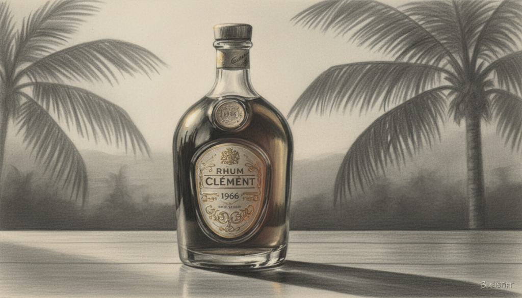 A highly detailed, monochrome illustration of a Rhum Clément Tournaire 1966 bottle, situated in the foreground, showcasing its elegant, vintage design with intricate details such as the embossed logo and distinctive label. The bottle should have selective color accents, such as soft gold highlights reflecting off its glass surface, enhancing its luxurious allure. In the middle ground, incorporate a polished wooden table that complements the rum's heritage, with soft shadows creating depth. The background should feature a blurred tropical setting, hinting at the Caribbean origins, with palm leaves subtly outlined in black and white. Use soft, diffused lighting to create an inviting and sophisticated atmosphere, shot with a vintage lens to evoke a sense of nostalgia, accentuating the rum's unique character and timeless appeal.