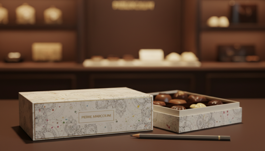 A luxurious Pierre Marcolini gift box, intricately designed and elegantly wrapped, sits prominently in the foreground. The box is adorned with delicate black and white illustrations, featuring soft curves and intricate patterns, with subtle colored accents that highlight its opulence. In the middle ground, a selection of exquisite pralines peeks from within the box, showcasing their glossy finishes and artistic shapes. The background features a softly blurred, warm-lit Belgian chocolate shop, exuding a cozy ambiance filled with rich chocolate hues. The lighting is soft and inviting, emphasizing the textures of the gift box and chocolates, captured from a slightly elevated angle to enhance depth and elegance. The overall mood is one of sophistication and indulgence, perfectly reflecting the art of fine chocolate craftsmanship.