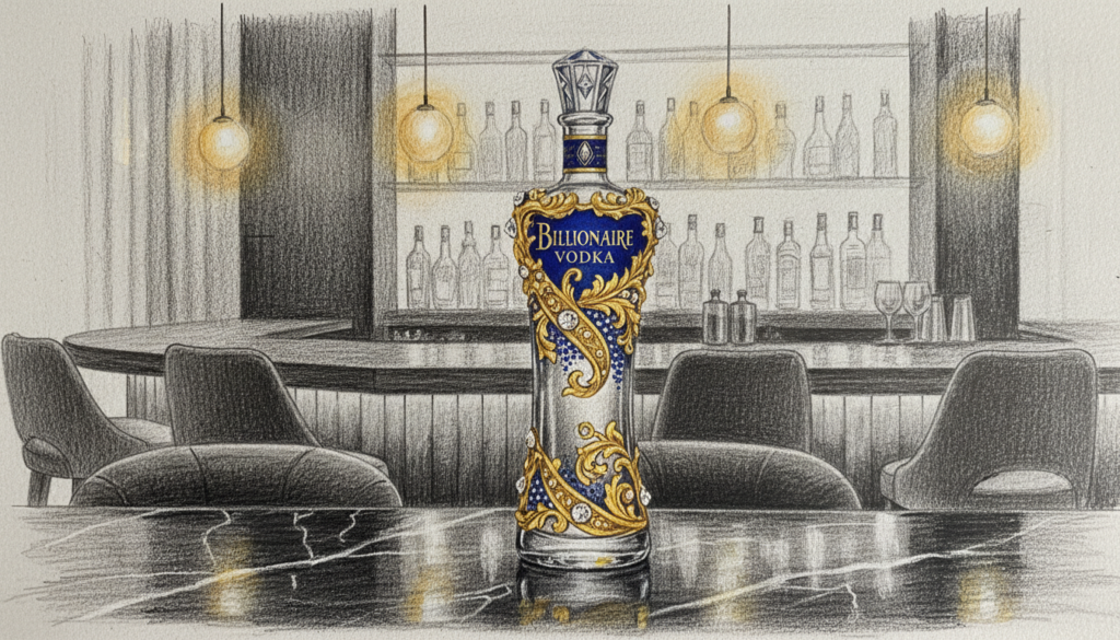 A luxurious, artistic representation of "Billionaire Vodka" showcasing an elegant glass bottle, beautifully adorned with intricate gold detailing and diamond-like embellishments. In the foreground, place the bottle on an opulent, black marble surface that reflects its grandeur. The middle ground features a dimly lit, upscale bar setting with polished wood and subtle warm lighting creating a rich atmosphere. In the background, soft silhouettes of high-end vodka brands are subtly highlighted, hinting at exclusivity without being overpowering. This entire scene should be rendered in elegant black and white pencil style, with selective color accents, perhaps gold or deep blue, on the bottle and bar elements, enhancing the luxury vibe while maintaining a sophisticated ambiance. A luxurious, artistic representation of "Billionaire Vodka" showcasing an elegant glass bottle, beautifully adorned with intricate gold detailing and diamond-like embellishments. In the foreground, place the bottle on an opulent, black marble surface that reflects its grandeur. The middle ground features a dimly lit, upscale bar setting with polished wood and subtle warm lighting creating a rich atmosphere. In the background, soft silhouettes of high-end vodka brands are subtly highlighted, hinting at exclusivity without being overpowering. This entire scene should be rendered in elegant black and white pencil style, with selective color accents, perhaps gold or deep blue, on the bottle and bar elements, enhancing the luxury vibe while maintaining a sophisticated ambiance.