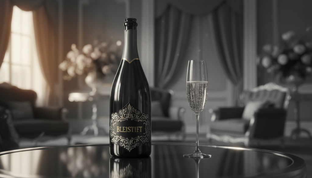 A luxurious champagne bottle positioned prominently in the foreground, designed with an exquisite intricate label and opulent gold detailing, gleaming in rich black and white tones. The bottle stands tall on an elegantly polished surface, reflecting soft highlights to accentuate its curves. In the middle ground, a delicate crystal flute showcases the golden bubbles of high-end champagne, catching the light beautifully. The background features a softly blurred setting of a lavish, ambient space, enriched with hints of color through stylish decor elements, like floral arrangements and plush textiles. The lighting is warm and inviting, creating an atmosphere of indulgence and celebration. Overall, the composition evokes a sense of extreme luxury and sophistication, emphasizing the elegance of the champagne bottle and its surroundings.