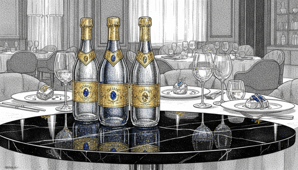 A luxurious display of fine bottled water, featuring elegant glass bottles with intricate designs, each adorned with golden labels and surrounded by shimmering gemstones. In the foreground, a polished marble table reflects the bottles, emphasizing their opulence. The middle ground showcases an elegant dining setting with crystal glasses and gourmet food, enhancing the sense of luxury. The background includes a subtly lit upscale environment, with soft shadows and warm ambient lighting, creating a sophisticated atmosphere. Include pointillist color accents such as deep blues and gold highlights in the water, capturing its purity and richness. The overall mood is one of indulgence and exclusivity, evoking a sense of premium luxury water. Black and white sketch style to emphasize details, with artistic color highlights. A luxurious display of fine bottled water, featuring elegant glass bottles with intricate designs, each adorned with golden labels and surrounded by shimmering gemstones. In the foreground, a polished marble table reflects the bottles, emphasizing their opulence. The middle ground showcases an elegant dining setting with crystal glasses and gourmet food, enhancing the sense of luxury. The background includes a subtly lit upscale environment, with soft shadows and warm ambient lighting, creating a sophisticated atmosphere. Include pointillist color accents such as deep blues and gold highlights in the water, capturing its purity and richness. The overall mood is one of indulgence and exclusivity, evoking a sense of premium luxury water. Black and white sketch style to emphasize details, with artistic color highlights.