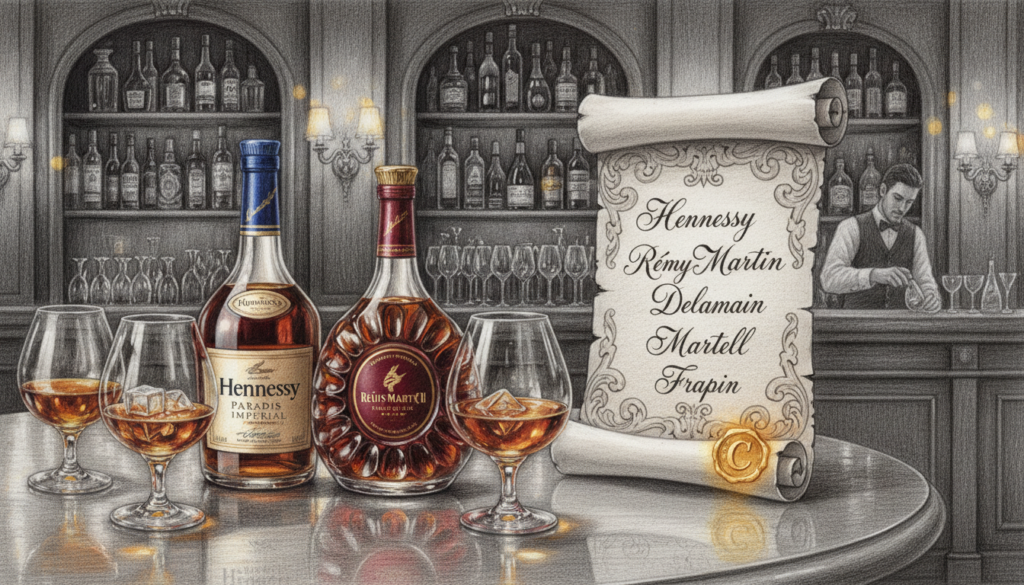 A luxurious display of the world's most expensive cognacs, featuring exquisite bottles from Hennessy and Rémy Martin. In the foreground, an elegantly arranged table is lit with soft, warm lighting that highlights the rich amber colors of the cognacs in crystal glasses. The middle ground showcases a detailed list of cognac brands, beautifully illustrated with ornate designs. The backdrop includes a refined, atmospheric bar setting with polished wood and vintage decor, evoking a sense of sophistication. Captured from a slightly elevated angle, the composition creates depth. The image is rendered in pencil black and white, with selective vibrant color accents on the cognac labels and glasses, enhancing the overall elegance and exclusivity of the subject.