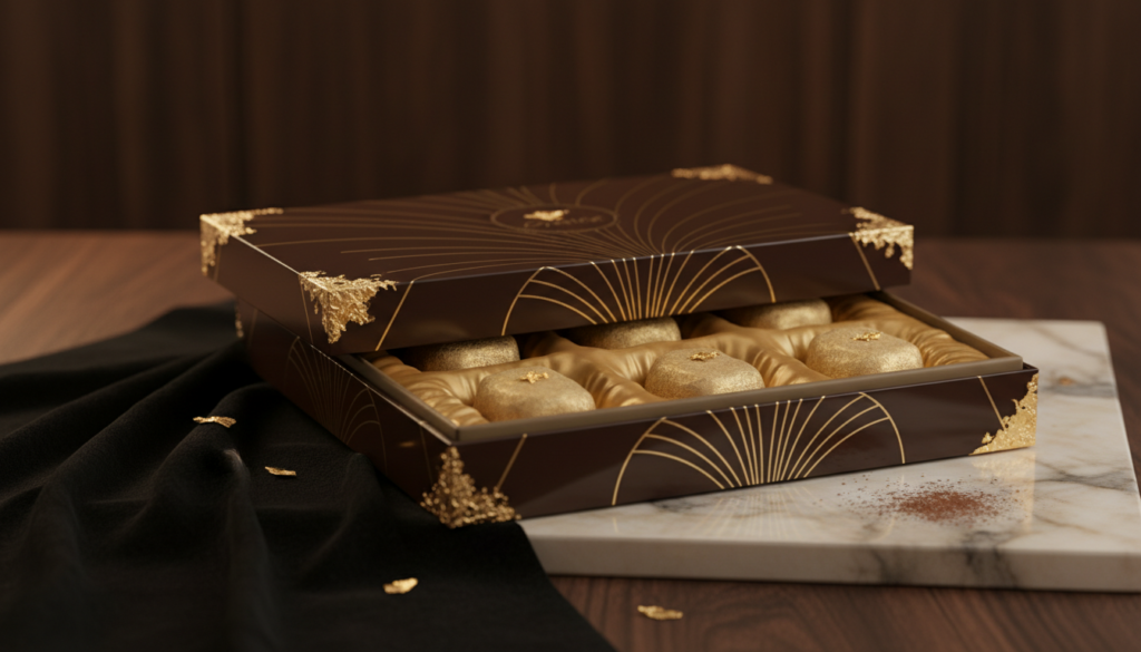 A luxurious packaging design for gold-coated pralines, inspired by high-end Swiss chocolate aesthetics. In the foreground, showcase an elegant box with intricate patterns and a glossy finish, adorned with 24-karat gold leaf accents. The box is partially open, revealing rich, beautifully arranged pralines, each one shimmering with gold. In the middle ground, include subtle elements like velvet fabric or a polished marble surface to enhance the sense of luxury. In the background, softly blurred dark wood textures create a warm and sophisticated atmosphere. Utilize soft, warm lighting to highlight the gold and chocolate textures, with a low angle perspective to emphasize the rich details. The mood is elegant, opulent, and inviting, perfect for a gourmet chocolate experience.