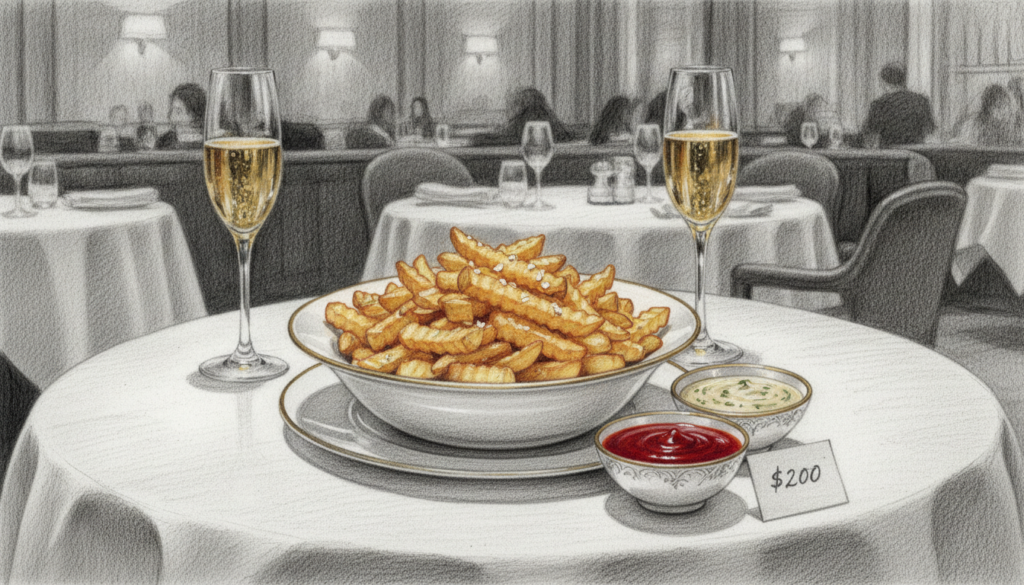 A luxurious presentation of gourmet French fries, styled to reflect the extravagant nature of the $200 price tag. In the foreground, a gleaming white porcelain dish elegantly displays perfectly golden, crispy fries sprinkled with a delicate touch of sea salt and lavish truffle oil. Several high-end dipping sauces, such as gourmet ketchup and herb-infused aioli, are placed artfully around the fries. The middle ground features a plush, opulent dining table adorned with fine crystal glasses filled with sparkling champagne, suggesting indulgence. In the background, softly blurred, there are hints of an upscale New York City restaurant ambiance, with dim lighting that casts a warm glow. The overall mood is one of luxury and hedonism, inviting the viewer to contemplate the extravagant dining experience. The image is rendered in black and white pencil style, accented with subtle pops of color highlighting the dishes and drinks.