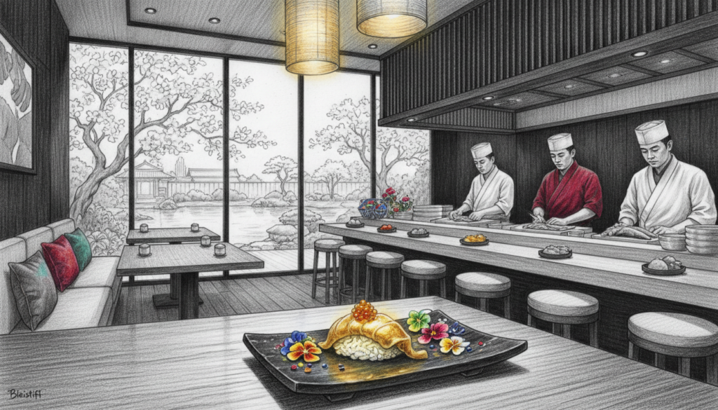 A luxurious sushi restaurant interior, showcasing elegantly arranged sushi on a beautifully crafted wooden table. In the foreground, a meticulously plated gold sushi piece glistens under soft, ambient lighting, emphasizing its extravagant allure. The middle ground features a serene Japanese garden visible through expansive glass windows, adding a tranquil backdrop. Rich wooden textures and minimalist decor create an atmosphere of sophistication and exclusivity. In the background, chefs in professional attire skillfully prepare sushi at a polished counter, their focused expressions reflecting dedication to their craft. The color palette primarily in pencil shades of black and white, with punctuated splashes of vibrant color highlighting the sushi and decor elements, enhancing the opulence and artistry of the setting. The overall mood is one of luxury, calm, and exquisite taste.