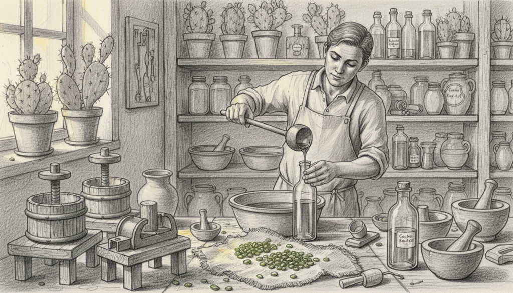A meticulously detailed scene depicting the process of producing cactus seed oil (Kaktusfeigenkernöl) in a rustic workshop. In the foreground, a set of traditional oil extraction equipment made of wood and metal, with glossy green cactus seeds spread out on a cloth. In the middle, a skilled artisan, dressed in professional attire, carefully pouring the extracted oil into a glass bottle, with their focused expression reflecting the craft's precision. In the background, shelves filled with vibrant potted cactus plants, as well as tools and jars labeled with natural ingredients, bathed in warm, natural light. Soft shadows enhance the depth, while occasional pops of color from the cactus plants and bottles create a vivid contrast in a monochrome pencil-style illustration. The atmosphere is rich with creativity and tradition, emphasizing the uniqueness of this luxurious oil. A meticulously detailed scene depicting the process of producing cactus seed oil (Kaktusfeigenkernöl) in a rustic workshop. In the foreground, a set of traditional oil extraction equipment made of wood and metal, with glossy green cactus seeds spread out on a cloth. In the middle, a skilled artisan, dressed in professional attire, carefully pouring the extracted oil into a glass bottle, with their focused expression reflecting the craft's precision. In the background, shelves filled with vibrant potted cactus plants, as well as tools and jars labeled with natural ingredients, bathed in warm, natural light. Soft shadows enhance the depth, while occasional pops of color from the cactus plants and bottles create a vivid contrast in a monochrome pencil-style illustration. The atmosphere is rich with creativity and tradition, emphasizing the uniqueness of this luxurious oil.