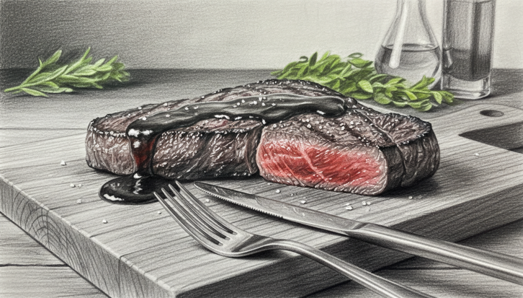 A perfectly seared Wagyu steak, displayed on a rustic wooden cutting board, glistening with juices and lightly salted, showcasing its marbling. In the foreground, a stainless steel knife and fork are elegantly arranged beside the steak, hinting at the luxurious meal ahead. In the middle ground, a rich, dark barbecue sauce is artistically drizzled, enhancing the steak's gourmet appearance. The background features a softly blurred kitchen setting, with hints of herbs and olive oil, creating a warm and inviting atmosphere. The lighting is soft and warm, casting gentle shadows, emphasizing the steak's texture. The image is in pencil black and white, with selective color accents highlighting the red of the meat and green of the herbs for a touch of elegance.