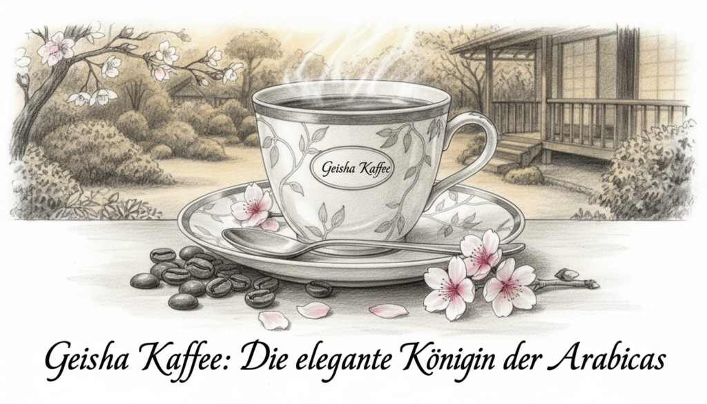 A serene, elegant still life featuring a steaming cup of Geisha coffee, placed on a delicate porcelain saucer. In the foreground, highlight the coffee cup with intricate patterns, and a small spoon resting beside it. The middle layer includes a variety of Arabica coffee beans, some scattered artfully around the cup, and a few delicate flowers, possibly cherry blossoms, adding a touch of natural beauty. The background is softly blurred, depicting a tranquil Japanese garden with lush greenery and a hint of a wooden tea house, bathed in warm, golden light. The image should be in black and white pencil style with selective subtle color accents, creating a sophisticated and timeless atmosphere, perfectly encapsulating the essence of "Geisha Kaffee: Die elegante Königin der Arabicas." A serene, elegant still life featuring a steaming cup of Geisha coffee, placed on a delicate porcelain saucer. In the foreground, highlight the coffee cup with intricate patterns, and a small spoon resting beside it. The middle layer includes a variety of Arabica coffee beans, some scattered artfully around the cup, and a few delicate flowers, possibly cherry blossoms, adding a touch of natural beauty. The background is softly blurred, depicting a tranquil Japanese garden with lush greenery and a hint of a wooden tea house, bathed in warm, golden light. The image should be in black and white pencil style with selective subtle color accents, creating a sophisticated and timeless atmosphere, perfectly encapsulating the essence of "Geisha Kaffee: Die elegante Königin der Arabicas."