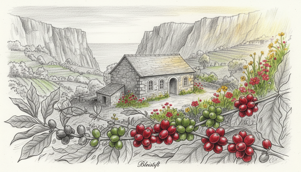 A serene landscape of St. Helena Island in the South Atlantic, highlighting the lush green coffee plantations nestled in the hills. In the foreground, a detailed depiction of coffee beans on their branches, with some ripe red beans among muted monochromatic elements. In the middle ground, a traditional coffee processing facility constructed from local stone, showcasing its historical architecture with small splashes of color reflecting the island's vibrant flora. The background features dramatic cliffs and the ocean, rendered in soft black and white with selective color accenting the vibrant greens and reds of the coffee plants. The scene is bathed in warm, golden sunlight, creating a tranquil and inviting atmosphere, evoking the rich history and unique charm of St. Helena coffee. A serene landscape of St. Helena Island in the South Atlantic, highlighting the lush green coffee plantations nestled in the hills. In the foreground, a detailed depiction of coffee beans on their branches, with some ripe red beans among muted monochromatic elements. In the middle ground, a traditional coffee processing facility constructed from local stone, showcasing its historical architecture with small splashes of color reflecting the island's vibrant flora. The background features dramatic cliffs and the ocean, rendered in soft black and white with selective color accenting the vibrant greens and reds of the coffee plants. The scene is bathed in warm, golden sunlight, creating a tranquil and inviting atmosphere, evoking the rich history and unique charm of St. Helena coffee.