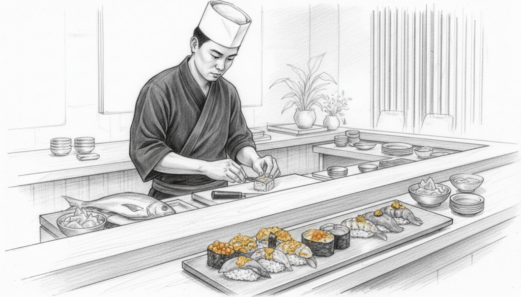 A skilled sushi chef, dressed in professional attire, meticulously prepares a luxurious omakase platter featuring extravagant gold leaf sushi. The foreground showcases delicately arranged pieces of sushi with glimmering gold accents, highlighting the opulence of the meal. In the middle ground, an elegantly set wooden sushi bar is visible, adorned with fresh ingredients and traditional utensils, reflecting a high-end dining experience. The background features a softly lit restaurant ambiance with minimalistic Japanese decor and subtle bamboo elements, creating an inviting atmosphere. The lighting is warm and inviting, casting gentle shadows to enhance depth. The overall mood is one of sophistication and culinary artistry, with a focus on the experience of enjoying the world's most expensive sushi, rendered in black and white pencil style with selective color highlights on the sushi.