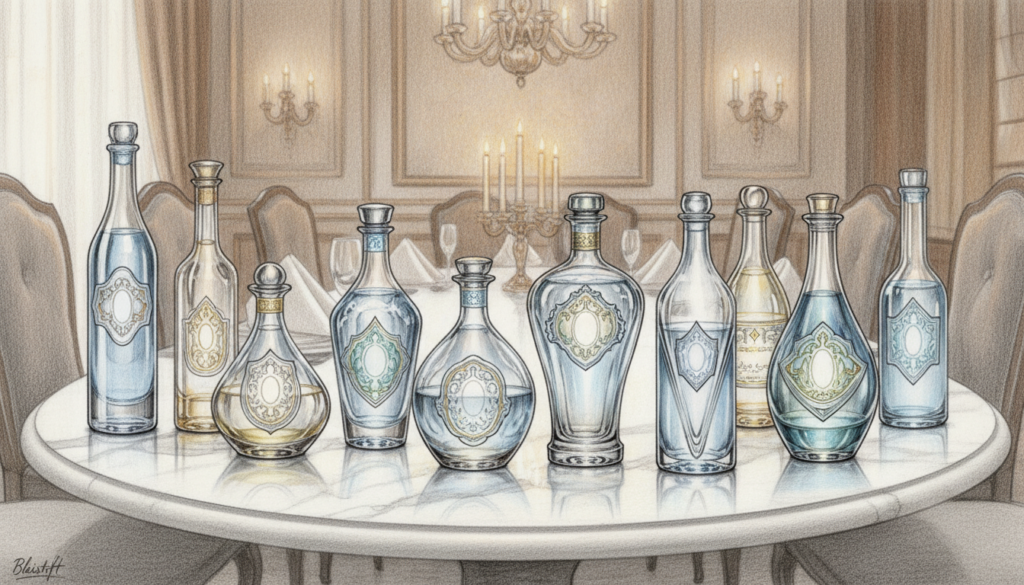 A sophisticated and elegant still-life composition showcasing the "Top 10 Luxury Waters" displayed on a polished marble table. In the foreground, ten exquisite glass bottles, each distinct in design and shape, are arranged artistically, their labels elegantly designed yet devoid of text. The bottles glisten, reflecting soft, warm light that enhances their exquisite glass and mineral contents. In the middle ground, a softly blurred backdrop features a lavishly set dining environment with a dimly lit chandelier casting a warm glow, creating an inviting atmosphere. The entire scene is rendered in detailed pencil sketch style, with touches of color accentuating the labels and water, adding vibrancy amidst the monochrome. The mood should reflect opulence, luxury, and sophistication, drawing attention to the exclusive nature of these luxury waters. A sophisticated and elegant still-life composition showcasing the "Top 10 Luxury Waters" displayed on a polished marble table. In the foreground, ten exquisite glass bottles, each distinct in design and shape, are arranged artistically, their labels elegantly designed yet devoid of text. The bottles glisten, reflecting soft, warm light that enhances their exquisite glass and mineral contents. In the middle ground, a softly blurred backdrop features a lavishly set dining environment with a dimly lit chandelier casting a warm glow, creating an inviting atmosphere. The entire scene is rendered in detailed pencil sketch style, with touches of color accentuating the labels and water, adding vibrancy amidst the monochrome. The mood should reflect opulence, luxury, and sophistication, drawing attention to the exclusive nature of these luxury waters.