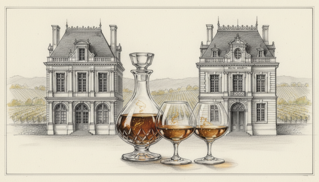 A sophisticated black and white sketch depicting two prestigious Cognac houses, Hennessy and Rémy Martin, in a luxurious setting. In the foreground, an elegant cognac decanter and glasses, meticulously detailed with slight color accents of amber and gold reflecting the spirit inside. The middle ground features the classic architecture of the Hennessy and Rémy Martin buildings, showcasing their intricate designs and opulent facades. In the background, rolling vineyards in soft shades of grey create a serene atmosphere, with subtle hints of color in the foliage. The lighting is soft and moody, enhancing the luxurious ambiance, as if inviting the viewer to partake in the rich history of these legendary brands. The composition is balanced, drawing attention to the elegance and exclusivity of these great Cognac houses, creating a sophisticated, timeless feel.