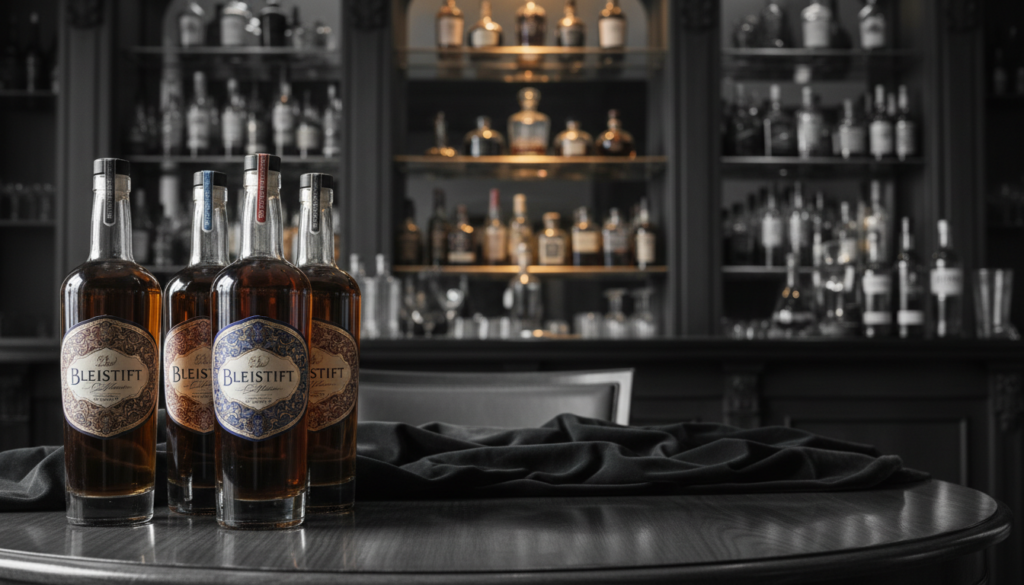 A sophisticated collection of rare Caribbean rums displayed on a beautifully crafted wooden table in a luxurious setting. In the foreground, elegant glass bottles with intricate labels catch the light, showcasing their rich amber colors. The middle ground features a plush, deep-hued velvet fabric draped elegantly, adding contrast to the scene. In the background, soft focus reveals an opulent bar with shelves filled with various other premium spirits and collectibles, dimly lit with warm, inviting lighting. The atmosphere is tasteful and refined, evoking a sense of exclusivity and allure for collectors and investors. The overall composition is in black and white, with selective color accents highlighting the rums, creating a striking visual impact.