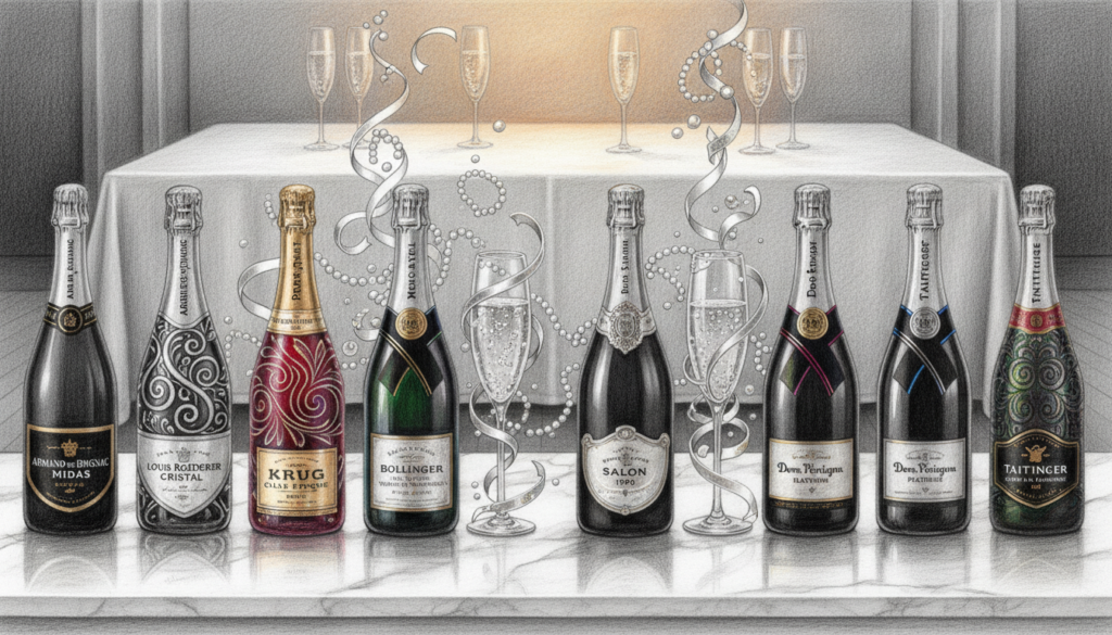A sophisticated setting showcasing the top 10 most expensive champagnes of 2024. In the foreground, elegant champagne bottles displayed on a polished marble countertop, each labeled artistically, highlighting unique features. The middle scene features crystal flutes sparkling with bubbles, reflecting light, and surrounded by luxurious white and silver decorations. In the background, a tastefully arranged table draped in fine linen, soft ambient lighting casts a warm glow, creating a rich, celebratory atmosphere. The overall image is rendered in pencil black and white with selective vibrant accents on the champagne bottles' labels and reflections, adding depth and artistry to the composition. The mood is opulent and refined, perfect for a showcase of luxury wines.