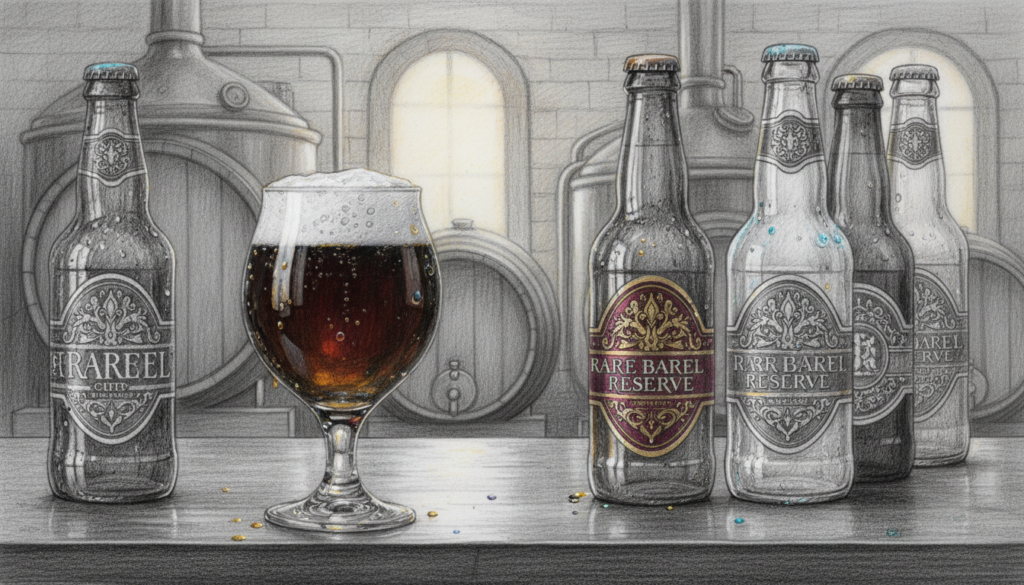 A sophisticated still life composition featuring an array of rare and expensive craft beers, displayed on a polished wooden table. In the foreground, highlight a beautifully crafted glass filled with richly colored beer, capturing intricate bubbles and foam. Around it, showcase different beer bottles with elegant labels, some frosted to signify chill. In the middle ground, use a softly blurred background of a rustic brewery, with barrels and brewing equipment subtly illuminated by warm, ambient lighting. The atmosphere should evoke a sense of luxury and rarity, highlighted by selective color accents in the beads of condensation on the glass and the vibrant hues of the beer. The entire scene should be rendered in detailed black and white pencil sketch style, with pops of selective color to draw attention to the expensive elements.