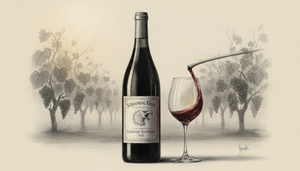 A striking black and white illustration of a Screaming Eagle Cabernet 1992 wine bottle, prominently displayed in the foreground with elegant curves and intricate label details. Surround the bottle with subtle hints of color, highlighting aspects like the deep red of the wine within. In the middle ground, include a pristine wine glass capturing a delicate pour of the Cabernet, the liquid reflecting muted light. The background should be softly blurred, evoking a luxurious vineyard ambiance, with faint outlines of lush grapevines and a soft, atmospheric mist. Utilize warm, diffused lighting to create a sense of sophistication and exclusivity, framed from a slightly low angle to evoke grandeur. The overall mood should embody the essence of a rare and esteemed cult wine, celebrating its history and allure.