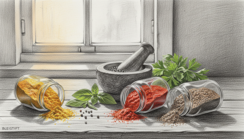 A visually appealing still life composition featuring various affordable spice alternatives arranged artistically on a rustic wooden table. In the foreground, display vibrant containers filled with colorful spices like turmeric, paprika, and cumin, highlighting their textures and hues. The middle ground should include a small mortar and pestle, symbolizing the act of grinding spices, alongside a few fresh herbs for a pop of green. The background can softly fade into muted shades to keep the focus on the spices, illuminated by warm, natural light filtering through a nearby window, creating inviting shadows. The overall mood should be warm and inviting, with a touch of homely charm, rendered in pencil black and white, with selective colorful accents highlighting the spices.