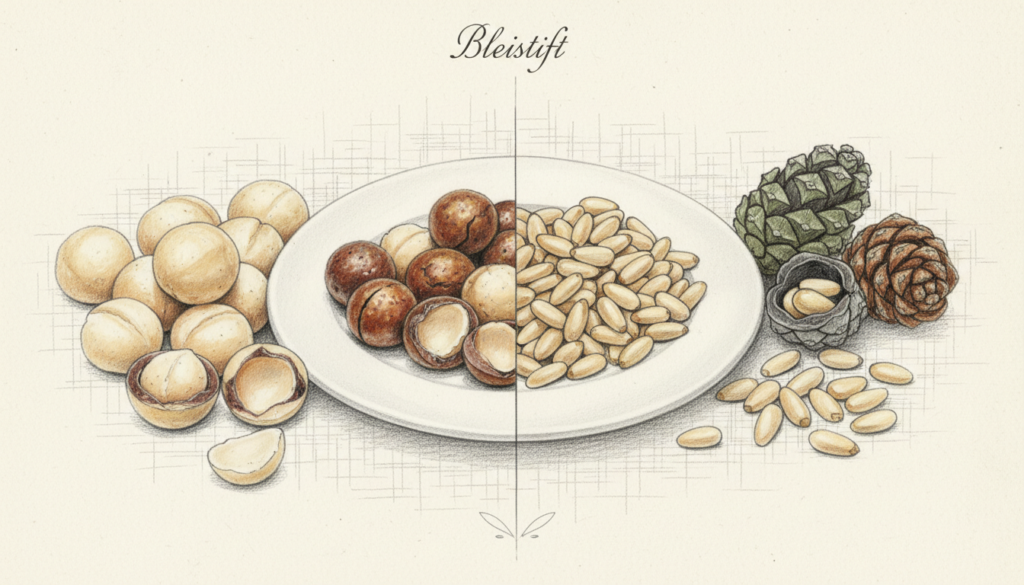 Detailed comparison of macadamia nuts and pine nuts, featuring a split view: on the left side, an assortment of raw macadamia nuts, showcasing their smooth, round shape, creamy texture, and rich color, contrasted with roasted macadamia nuts on a white plate. On the right side, a variety of pine nuts displayed, emphasizing their elongated shape and pale beige color, alongside some pine cones. The background should be simple and elegant, perhaps lightly textured to maintain focus on the nuts. Lighting should be soft and diffused, highlighting the details and natural beauty of the nuts, with a warm, inviting atmosphere. Use black and white pencil illustrations with selective vibrant color accents on the nuts for contrast. The image should evoke a sense of sophistication and culinary delight.