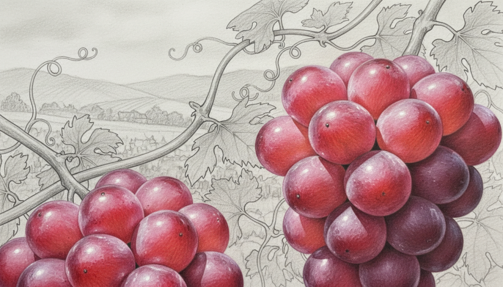 Foreground: A cluster of Ruby Roman grapes, large and gleaming like precious gems, with rich, deep red hues and smooth surfaces reflecting light. Each grape is plump and meticulously detailed, showcasing their unique shapes and textures. Middle: Delicately intertwined vines and leaves in a soft, monochrome pencil sketch style, accentuating the elegance of the grapes. Background: A softly blurred vineyard landscape in muted tones, adding depth without distracting from the foreground. Lighting: Soft, natural light illuminating the grapes, enhancing their jewel-like appearance. Mood: Serene and luxurious, evoking a sense of rarity and sophistication, with selective colored accents on the grapes to emphasize their impressive size and quality.