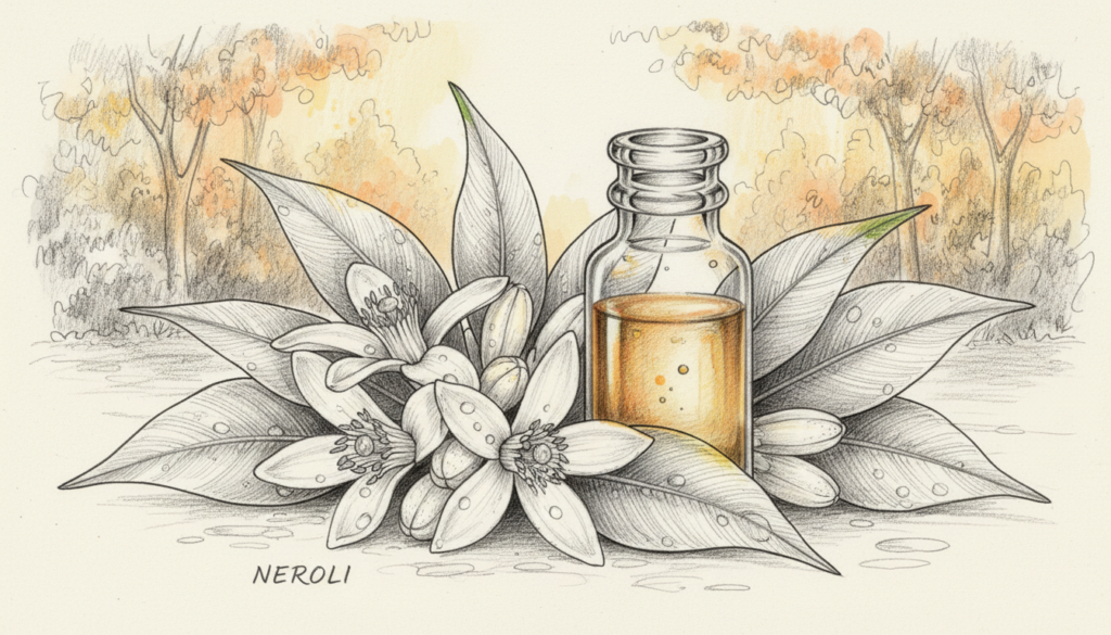 Neroli flower blossoms of the bitter orange tree, depicted in a detailed black and white pencil sketch style with selective color accents highlighting the delicate white petals and vibrant citrus background. In the foreground, a cluster of Neroli flowers with dew drops glistening on their petals, showcasing their intricate textures. In the middle, a hand-drawn glass vial of Neroli oil reflecting light, surrounded by aromatic leaves from the bitter orange tree. In the background, a softly blurred garden setting under warm, golden hour lighting, evoking a serene and luxurious atmosphere. The composition should be balanced, focusing on the elegance and rarity of Neroli oil, embodying a sense of preciousness and sophistication. Neroli flower blossoms of the bitter orange tree, depicted in a detailed black and white pencil sketch style with selective color accents highlighting the delicate white petals and vibrant citrus background. In the foreground, a cluster of Neroli flowers with dew drops glistening on their petals, showcasing their intricate textures. In the middle, a hand-drawn glass vial of Neroli oil reflecting light, surrounded by aromatic leaves from the bitter orange tree. In the background, a softly blurred garden setting under warm, golden hour lighting, evoking a serene and luxurious atmosphere. The composition should be balanced, focusing on the elegance and rarity of Neroli oil, embodying a sense of preciousness and sophistication.