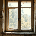 Handwerker arbeitet einen alten Holzfensterrahmen bei der Fenstersanierung auf