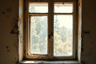 Handwerker arbeitet einen alten Holzfensterrahmen bei der Fenstersanierung auf