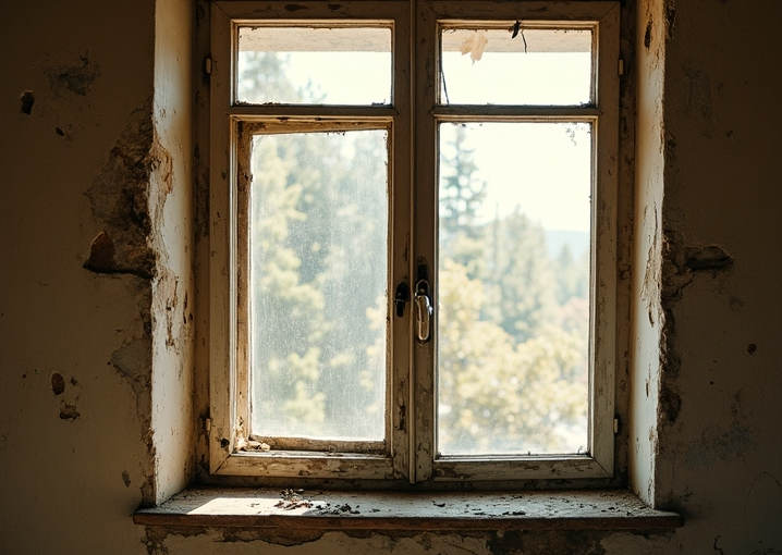 Handwerker arbeitet einen alten Holzfensterrahmen bei der Fenstersanierung auf