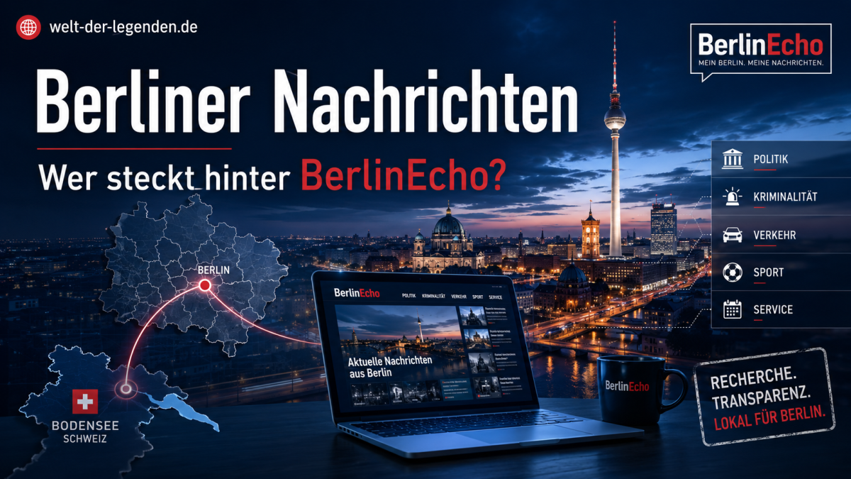 Berliner Nachrichten mit Berliner Skyline, Fernsehturm, BerlinEcho-Logo, Nachrichtenportal und Bezirksübersicht