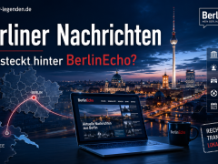 Berliner Nachrichten mit Berliner Skyline, Fernsehturm, BerlinEcho-Logo, Nachrichtenportal und Bezirksübersicht