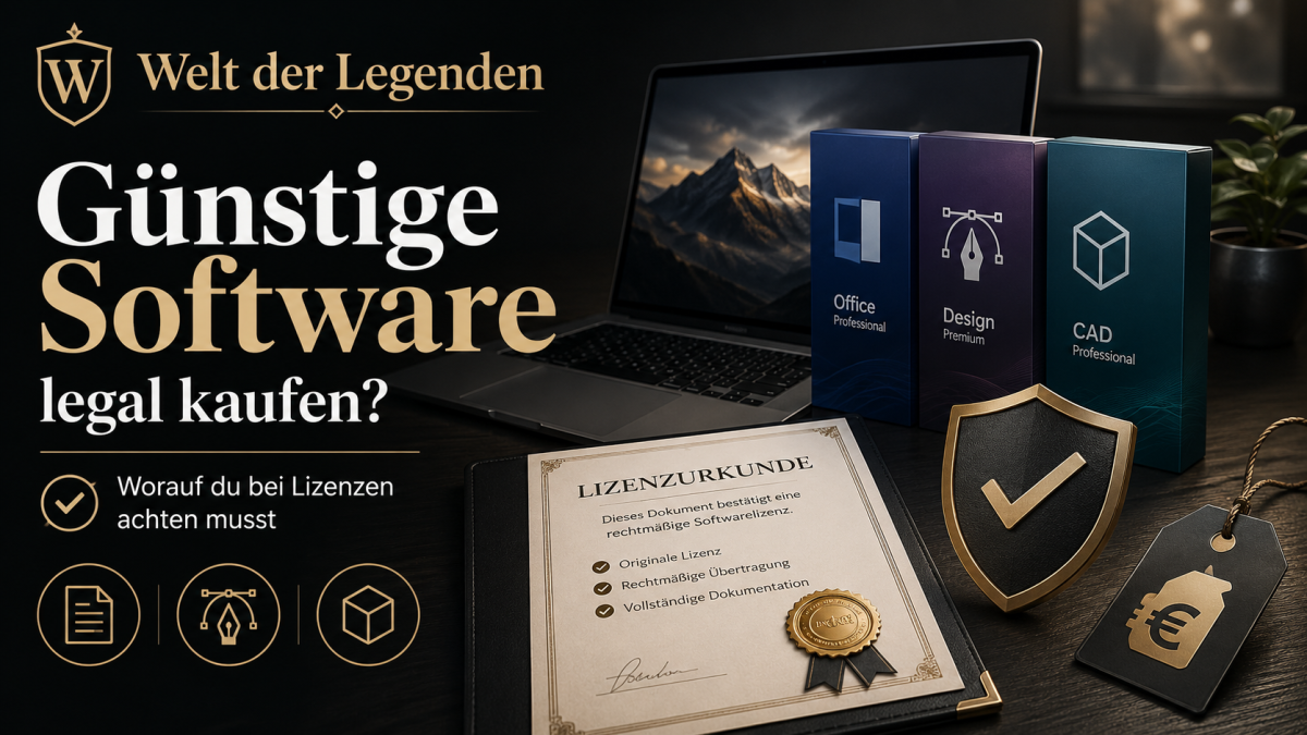 Günstige Software legal kaufen mit Lizenzurkunde, Softwareboxen, Laptop und Sicherheitssymbol