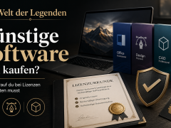 Günstige Software legal kaufen mit Lizenzurkunde, Softwareboxen, Laptop und Sicherheitssymbol