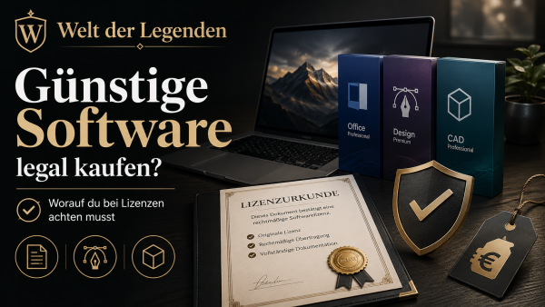 Günstige Software legal kaufen mit Lizenzurkunde, Softwareboxen, Laptop und Sicherheitssymbol
