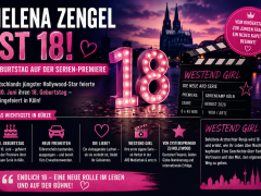 Helena Zengel ist 18 als Symbolbild mit pinker 18, Filmklappe, Kölner Skyline und Hinweis auf die Serie Westend Girl